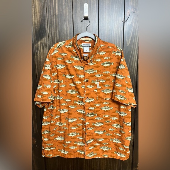 COLUMBIA SPORTSWEAR ORANGE FISH PRINT ALL OVER DEEP SEA FISHING SHIRT MENS XL - Picture 2 of 10